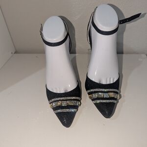 Wild Rose Black Heels with Silver and Gold Accents